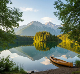 Serene Lakeside Retreat: Tranquil Waters Reflecting Majestic Mountain Vista