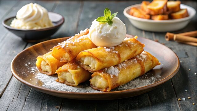 Turon with crispy deep fried saba bananas and coconut ice cream