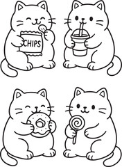Adorable kawaii style line art of four chubby cartoon cats happily eating snacks including chips, donut, lollipop, and drinking soda