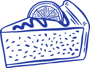 Hand draw slice of a cheesecake with lemon vector illustration. Doodle dessert cake isolated. Cafe pastry sketch style