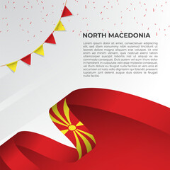 Abstract wavy flag of North Macedonia in ribbon style on white background. Design for Independence day, National Day. Vector Illustration