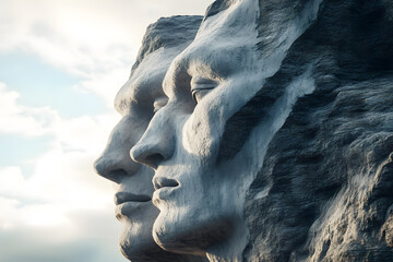 Rock formations resembling human faces in profile against sky