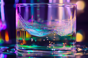 Colorful sound-activated chemical reaction in a glass with neon lights