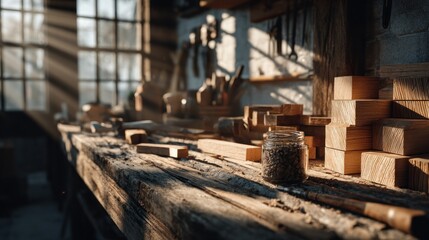 Artisan workshop in sunlight with wooden planks and tools