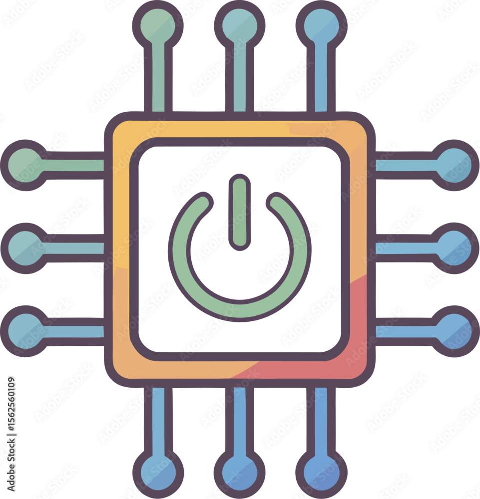 Poster computer processor flat icon displaying a power symbol, indicating system shutdown, isolated on whit