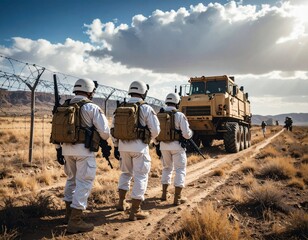 A tense border zone with soldiers from both countries on high alert, barbed wire and heavy machinery