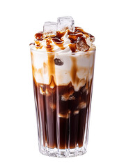 Cold frappe in a glass with straw, isolated on white background.