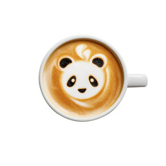 A cup of cappuccino with cute panda pattern art on top, isolated on white background.