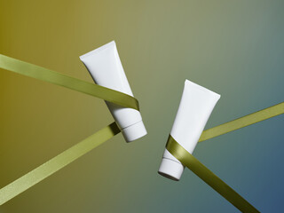 Stylish white cosmetic tubes elegantly wrapped in green ribbons