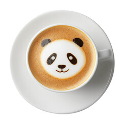 A cup of cappuccino with cute panda pattern art on top, isolated on white background.