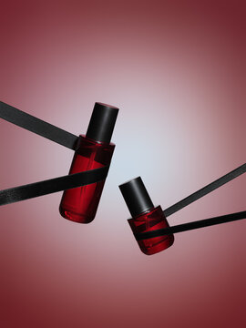 Red perfume bottles are showcased gracefully and elegant