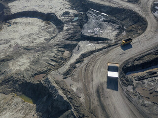 An aerial view of a large coal quarry.