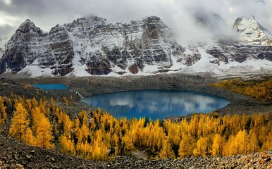 Beautiful blue mountain lake with yellow larch trees by the snowcapped mountains in clouds. Autumn in the Canadian Rockies. Alberta. Canada
