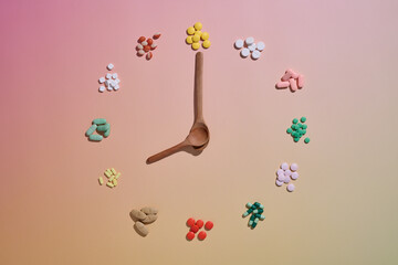 Pills arranged like clock numbers with a spoon marking the time