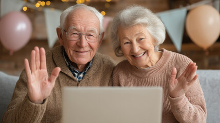Elderly caucasian couple video calling family at home celebration