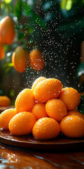 Mango with drops of water on a wooden table