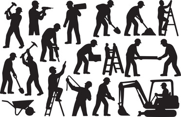 Obraz premium Construction Worker Silhouette Set – Labor and Building Activity Icons
