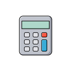 A simple gray electronic calculator with a green display screen and a red equals button representing basic mathematical operations and calculations