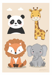 Adorable Collection of Four Cute Baby Animals Panda Giraffe Fox and Elephant Sitting Together in a Stylized Cartoon Illustration Perfect for Childrens Decor and Educational Materials
