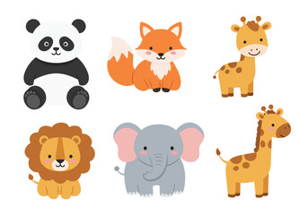 Fototapeta premium Adorable Collection of Cute Cartoon Forest Animals Featuring a Panda Bear A Playful Fox Two Gentle Giraffes A Majestic Lion and A Friendly Elephant in Whimsical Style