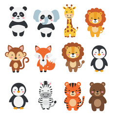 Fototapeta premium Adorable Cartoon Wildlife Friends Collection Featuring Playful Pandas Elephants Giraffes Lions Monkeys Foxes Penguins Zebras Tigers and Bears for Childrens Educational Content and Decorations