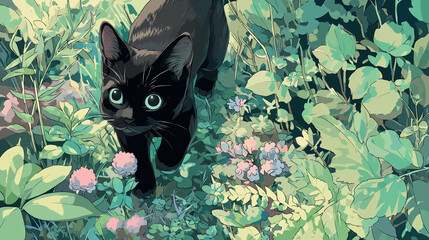 Anime style cartoon black cat walking in the grass