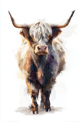 scottish highland cow full body watercolour illustration