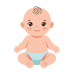 Adorable Chubby Baby Sitting Contentedly Wearing a Light Blue Diaper with Curly Hair on a White Background