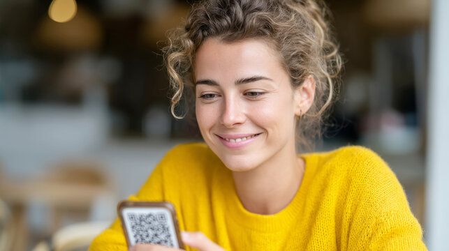 Young woman using qr code technology in bright cafe setting