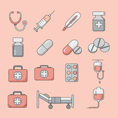 Collection of Medical Equipment and Healthcare Icons for Diagnostic and Treatment Services Representation