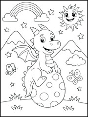 Illustration of a cute baby dragon cartoon character. Black and white Printable dragon coloring page for kids.	
