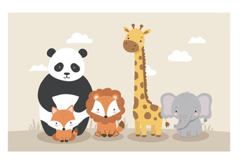 A delightful collection of cartoon animals including a panda fox lion giraffe and elephant in a charming outdoor setting