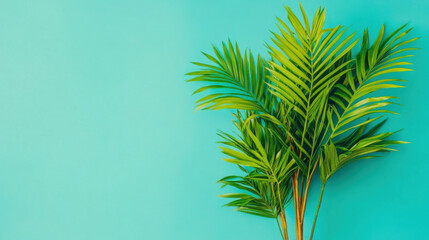 Obraz premium Minimal tropical, A green palm frond in negative space against a corn background.