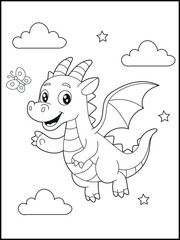 Illustration of a cute baby dragon cartoon character. Black and white Printable dragon coloring page for kids.	
