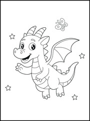 Illustration of a cute baby dragon cartoon character. Black and white Printable dragon coloring page for kids.	
