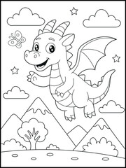 Illustration of a cute baby dragon cartoon character. Black and white Printable dragon coloring page for kids.	
