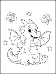 Illustration of a cute baby dragon cartoon character. Black and white Printable dragon coloring page for kids.	
