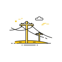 Electricity pylons and cables under blue sky.