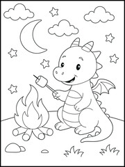 Illustration of a cute baby dragon cartoon character. Black and white Printable dragon coloring page for kids.	
