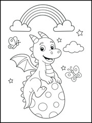 Illustration of a cute baby dragon cartoon character. Black and white Printable dragon coloring page for kids.	
