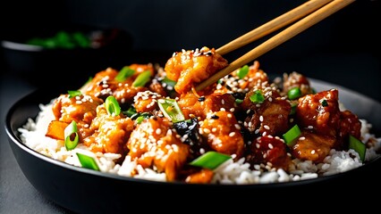 Close up of orange chicken with sesame seeds and scallions being picked with chopsticks