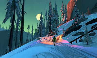 Stylized winter walk: Lone figure on snowy path under moonlit sky in animated landscape - Powered by Adobe