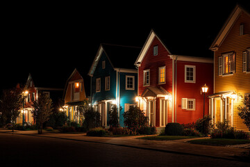Hom colorful homes lit up at night in a quaint town