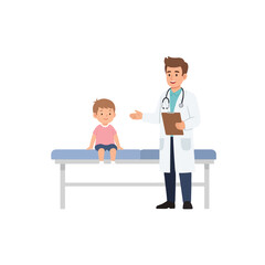 Obraz premium A young child sits on an examination table, interacting with a doctor.
