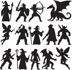 Silhouettes of Fantasy Characters Like Knights, Fairies, and Dragons