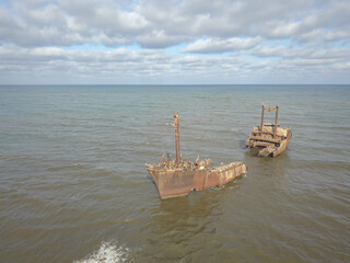 A close up view of the hull of a sunken ship.