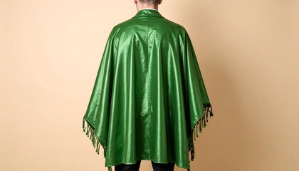 Emerald Green Satin Cape with Fringe Detail Elegant and Versatile Wrap