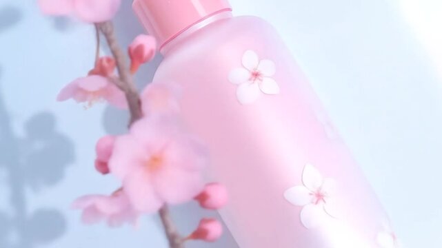 A pink bottle with flower decals and a pink cap on a light blue surface view