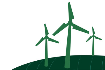 Flat green illustration of wind turbines on hill with white background for clean energy and eco concept