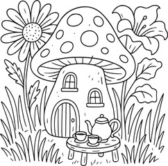 Fairy Tale Mushroom House with Flowers and Tea Set